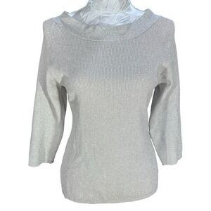 Claudia D Women Sz L Silk Blend Silver Metallic Top 1/2 Sleeve Holidays Cocktail